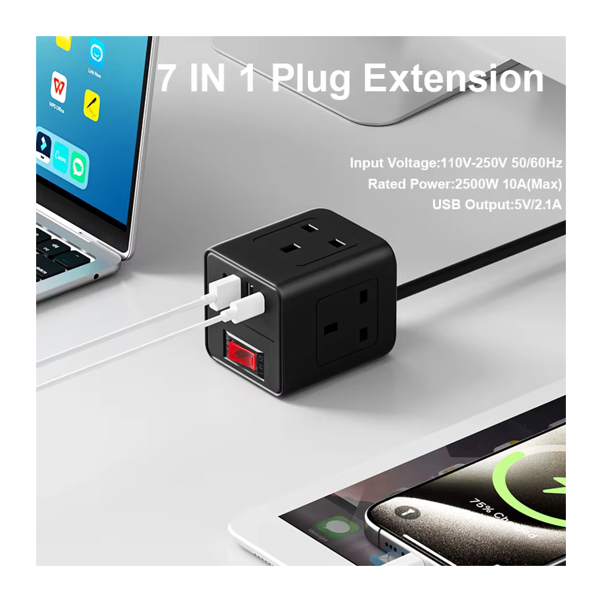 Lehotpia Steckdosenleisten-Adapter mit UK-Stecker, 2500 W Multitap-AC-Steckdosen mit USB Typ C und Überlastschutz, 2 m Verlängerungskabel, Weiß oder Schwarz - Bild 4