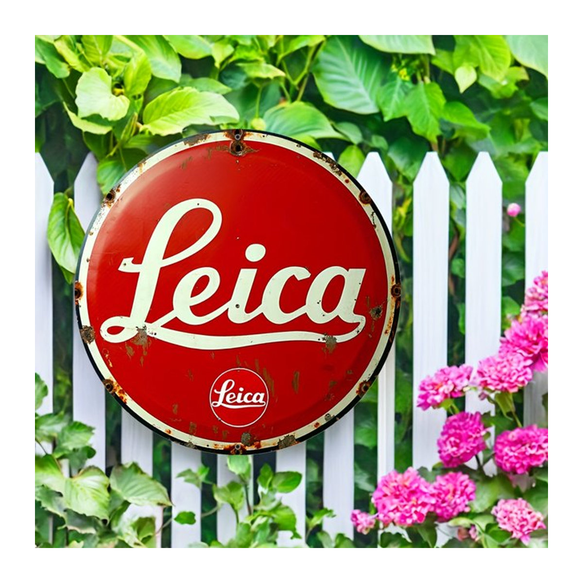 Leica Vintage Metallschild rund in Rot und Weiß zur Wandmontage - Bild 1