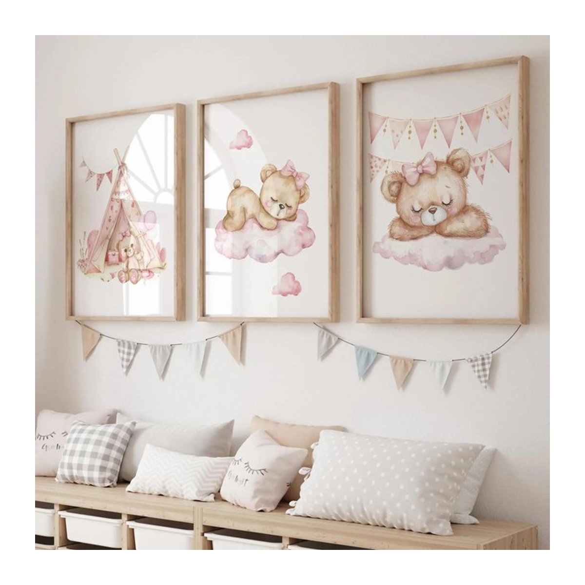 Leinwand Kunstdruck Rosa Traum Bär Karussell Zelt Schaukel für Kinderzimmer und Wohnzimmer - Bild 1