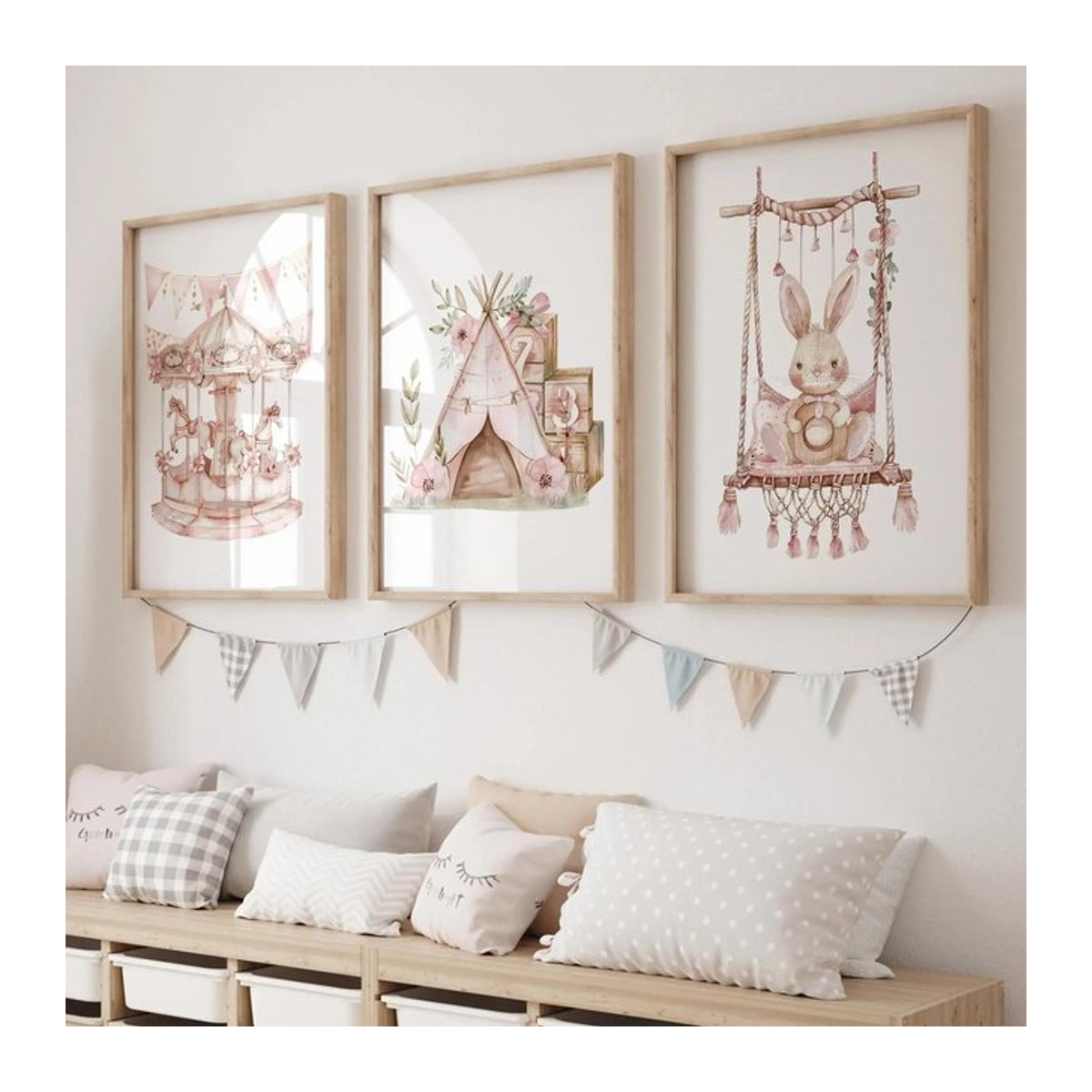 Leinwand Kunstdruck Rosa Traum Hase Karussell Zelt Schaukel Wandbild für Kinderzimmer und Wohnzimmer im Bohemian Stil - Bild 1