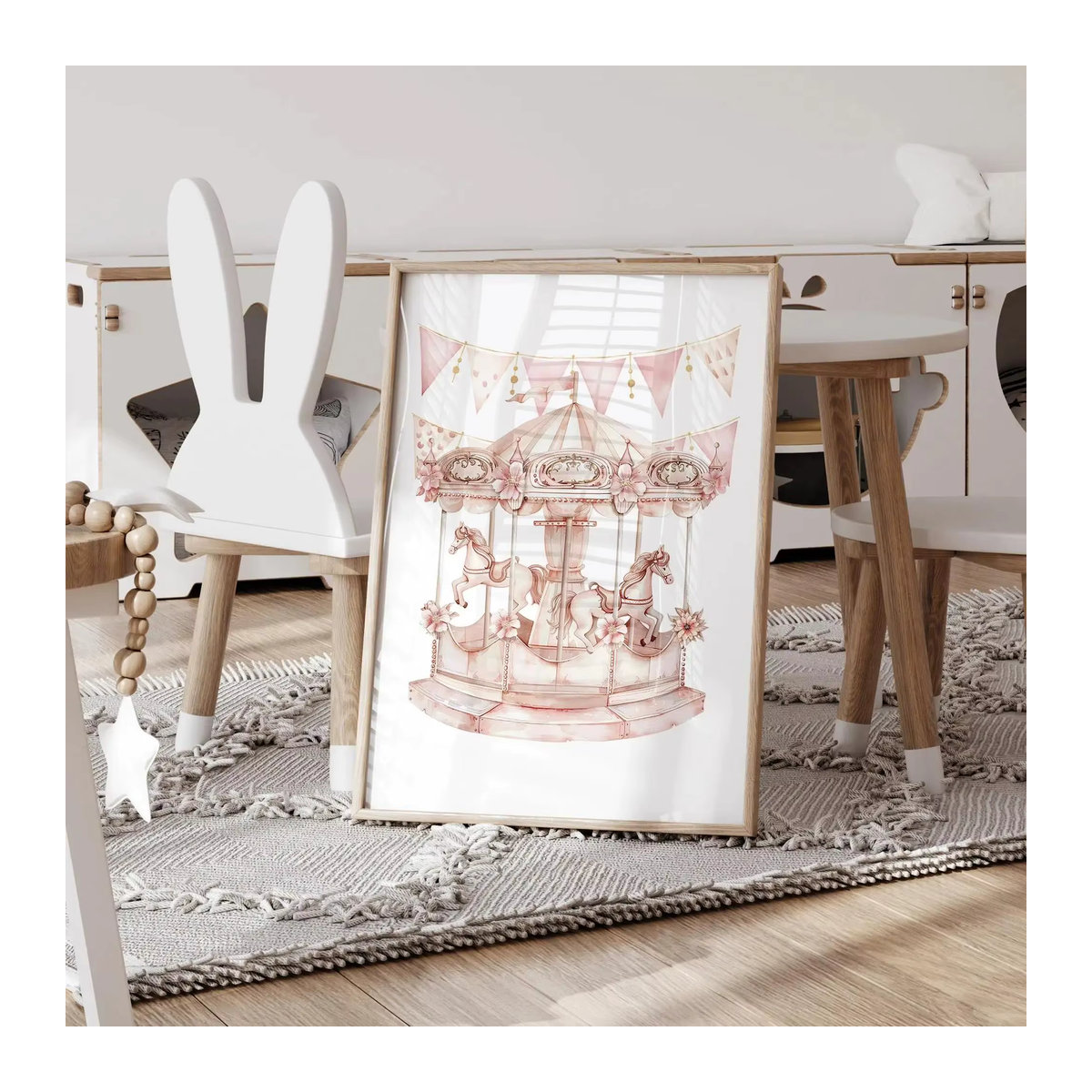 Leinwand Kunstdruck Rosa Traum Hase Karussell Zelt Schaukel Wandbild für Kinderzimmer und Wohnzimmer im Bohemian Stil - Bild 2