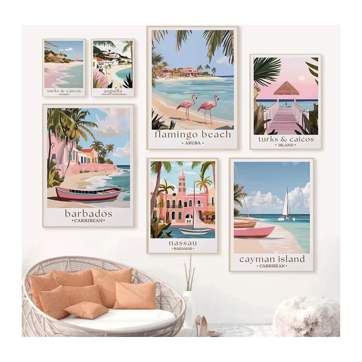 Leinwand Wandkunst Potdemiel Karibik Poster mit Flamingo und Strandlandschaft in Vintage-Optik, mehrfarbig - Bild 1