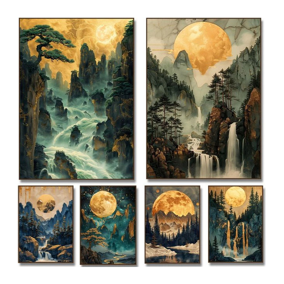 Leinwandbild Golden Moon Pine Tree mit Wasserfall und Bergwald Landschaft in Gold und Mehrfarbig als Wandkunst für dein Wohnzimmer - Bild 1