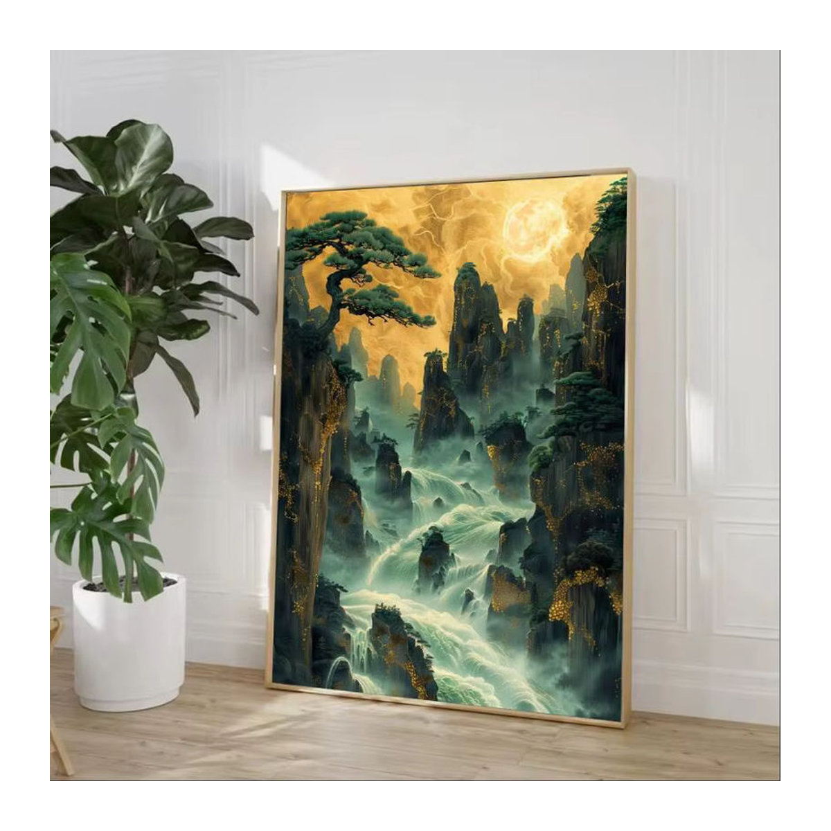 Leinwandbild Golden Moon Pine Tree mit Wasserfall und Bergwald Landschaft in Gold und Mehrfarbig als Wandkunst für dein Wohnzimmer - Bild 2