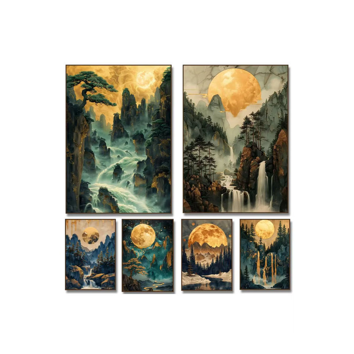 Leinwandbild Golden Moon Pine Tree mit Wasserfall und Bergwald Landschaft in Gold und Mehrfarbig als Wandkunst für dein Wohnzimmer - Bild 3