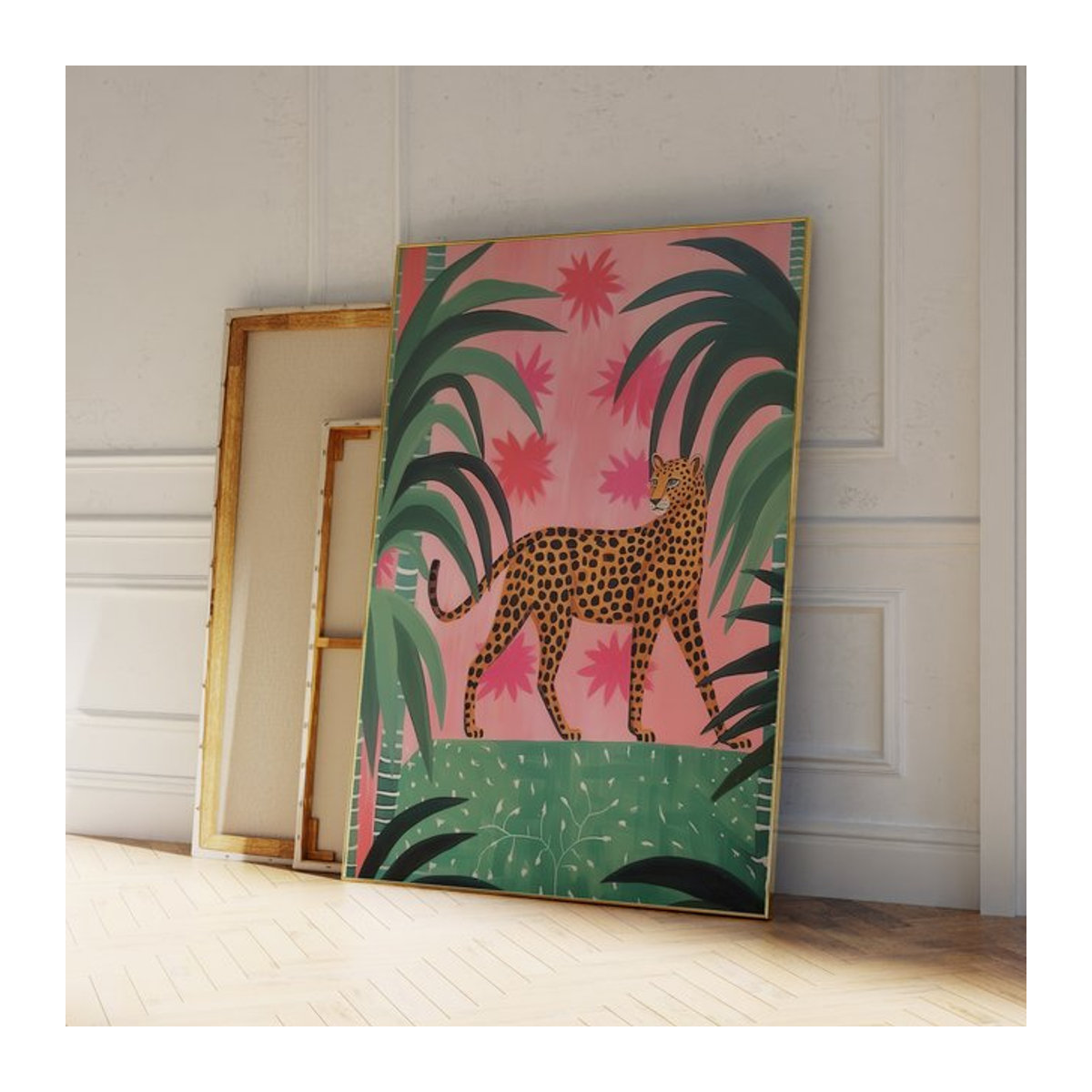Leinwandgemälde im Matisse-Stil mit rosa und grünem Geparden im Dschungel als ästhetisches Wandbild für deine Heimdekoration - Bild 1