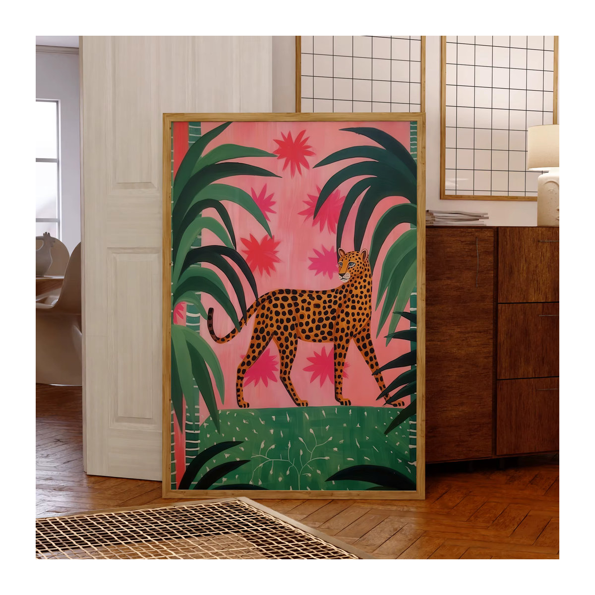 Leinwandgemälde im Matisse-Stil mit rosa und grünem Geparden im Dschungel als ästhetisches Wandbild für deine Heimdekoration - Bild 2