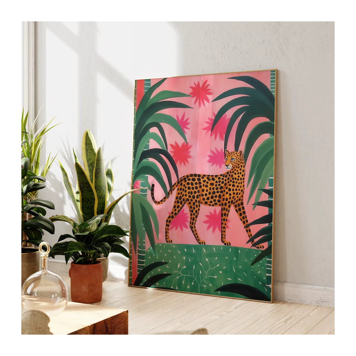 Leinwandgemälde im Matisse-Stil mit rosa und grünem Geparden im Dschungel als ästhetisches Wandbild für deine Heimdekoration - Bild 3