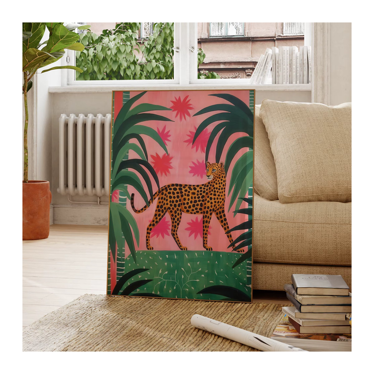 Leinwandgemälde im Matisse-Stil mit rosa und grünem Geparden im Dschungel als ästhetisches Wandbild für deine Heimdekoration - Bild 4