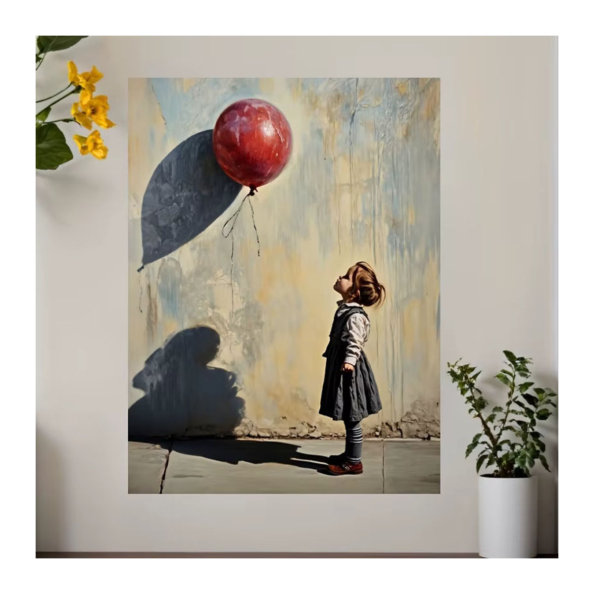 Leinwandgemälde Mädchen mit rotem Ballon als Wandkunst für dein Wohnzimmer, mehrfarbiges Porträt im Hochformat, ohne Rahmen - Bild 1