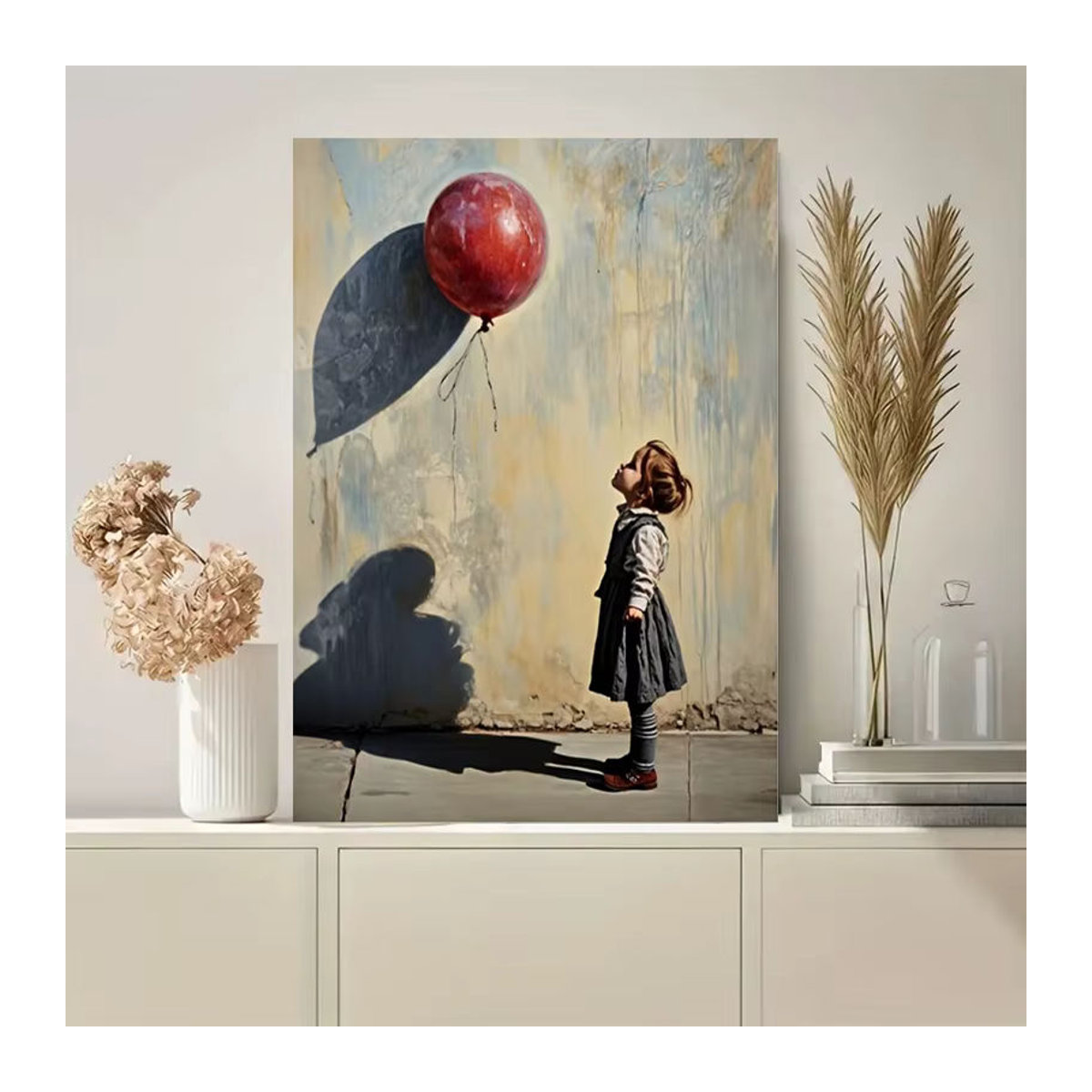 Leinwandgemälde Mädchen mit rotem Ballon als Wandkunst für dein Wohnzimmer, mehrfarbiges Porträt im Hochformat, ohne Rahmen - Bild 2