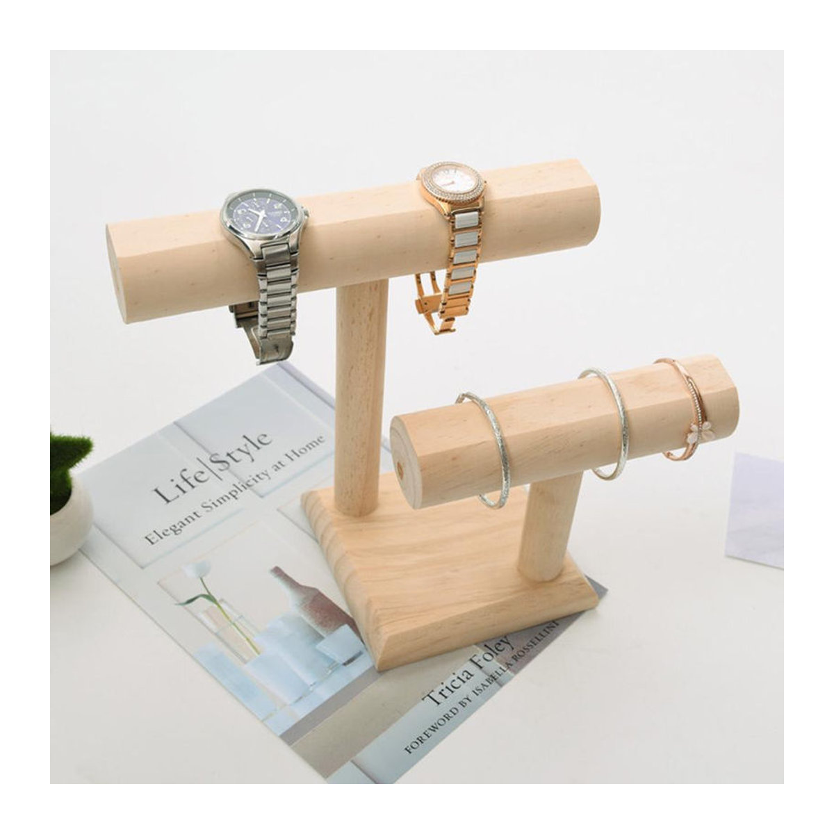Leisure Times Schmuckständer aus Holz mit 2 Ebenen und T-Bar für Armbänder und Uhren in Braun und Beige - Bild 3