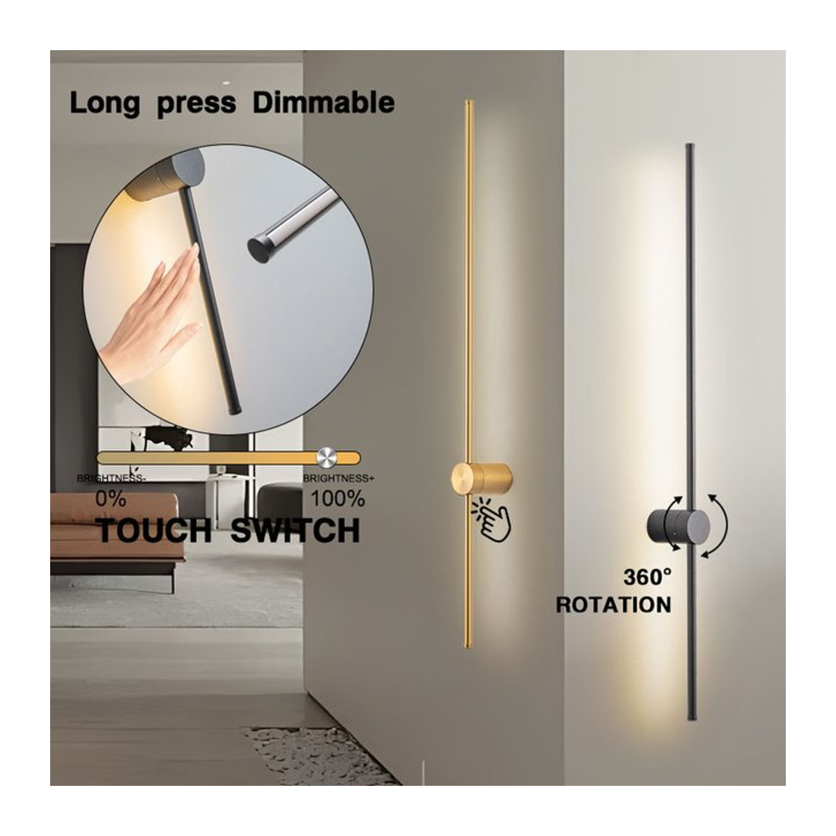 LEITELL LED Wandleuchte in Schwarz mit Touch-Schalter, dimmbar und 360 Grad drehbar, minimalistisches Design für Schlafzimmer und Korridor - Bild 1