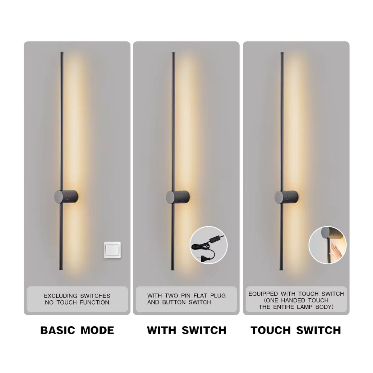 LEITELL LED Wandleuchte in Schwarz mit Touch-Schalter, dimmbar und 360 Grad drehbar, minimalistisches Design für Schlafzimmer und Korridor - Bild 3