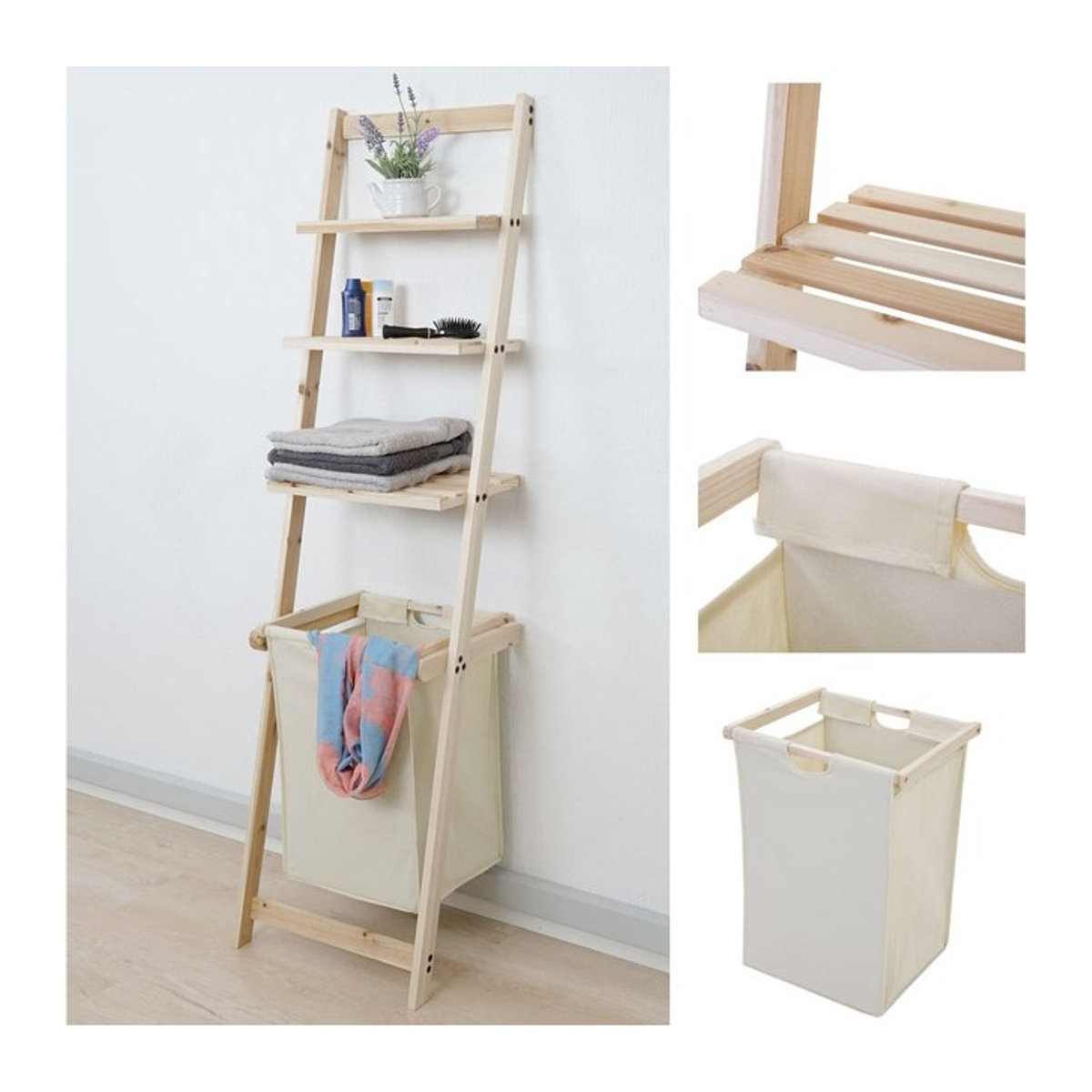 Leiterregal MCW-B59 aus Massivholz mit Wäschekorb in Tanne, skandinavisches Badregal, H x B x T: 152 x 41 x 35 cm - Bild 1