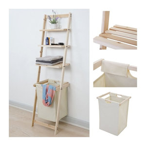Leiterregal MCW-B59 aus Massivholz mit Wäschekorb in Tanne, skandinavisches Badregal, H x B x T: 152 x 41 x 35 cm