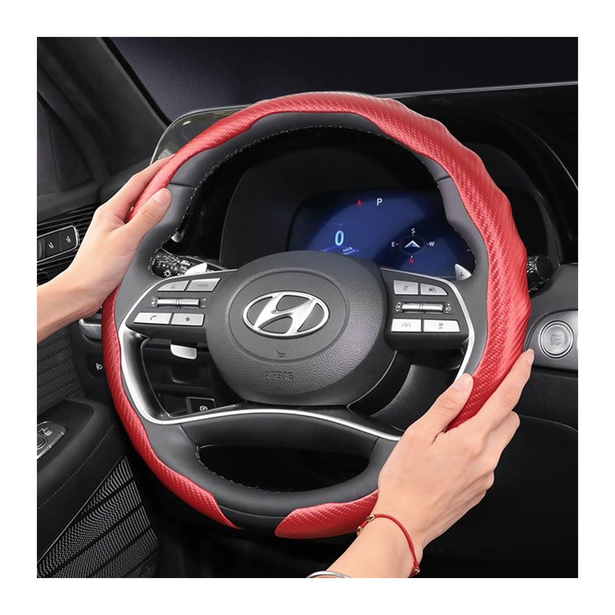 Lenkradbezug in Carbon-Optik mit Sport-Design für Hyundai, Farbe Rot - Bild 1