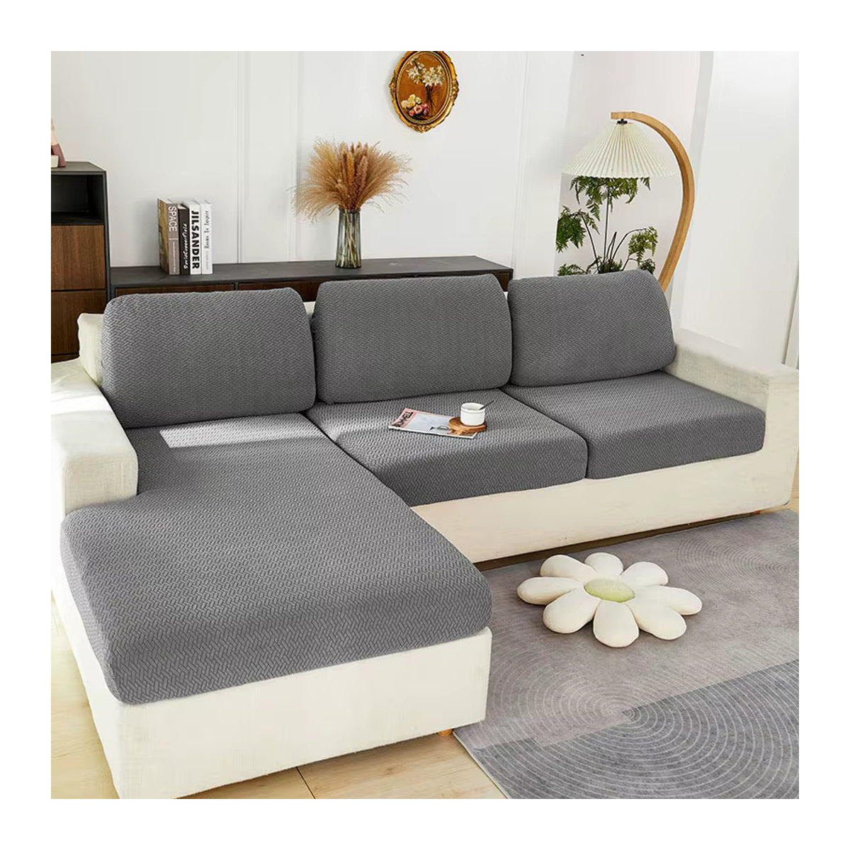 Leorate Jacquard Sofa Bezug einfarbig elastisch zum Schutz deiner Couch in Beige oder Grau - Bild 2