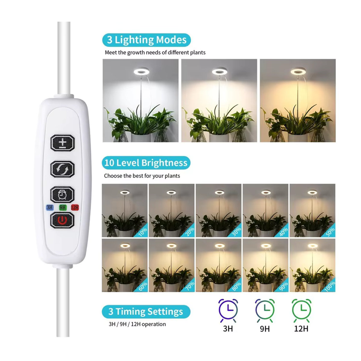 LETIITTGOO Dimmbares Vollspektrum Pflanzenwachstumslicht mit Timer und höhenverstellbarem Ring-Halo für Zimmerpflanzen in minimalistischem Design - Bild 3