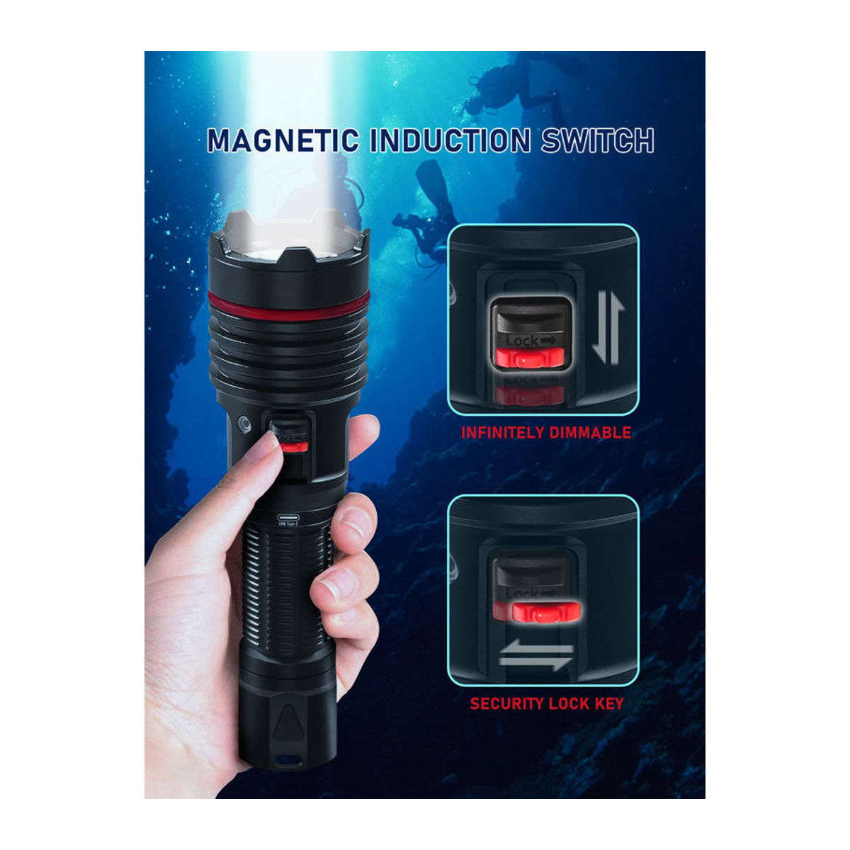 Leton Power SM-16 Unterwasserlampe wiederaufladbare Tauchlampe mit Typ-C Anschluss für bis zu 100m Tiefe - Bild 5