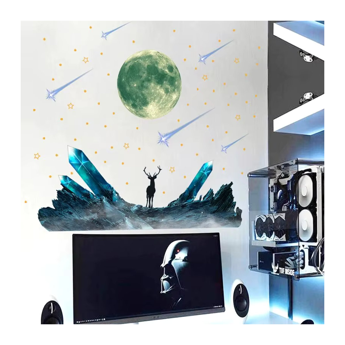 Leuchtende Wandtattoo Aufkleber mit Mond, Elch und Meteor für Schlafzimmer und Wohnzimmer, Grün, Selbstklebend - Bild 3