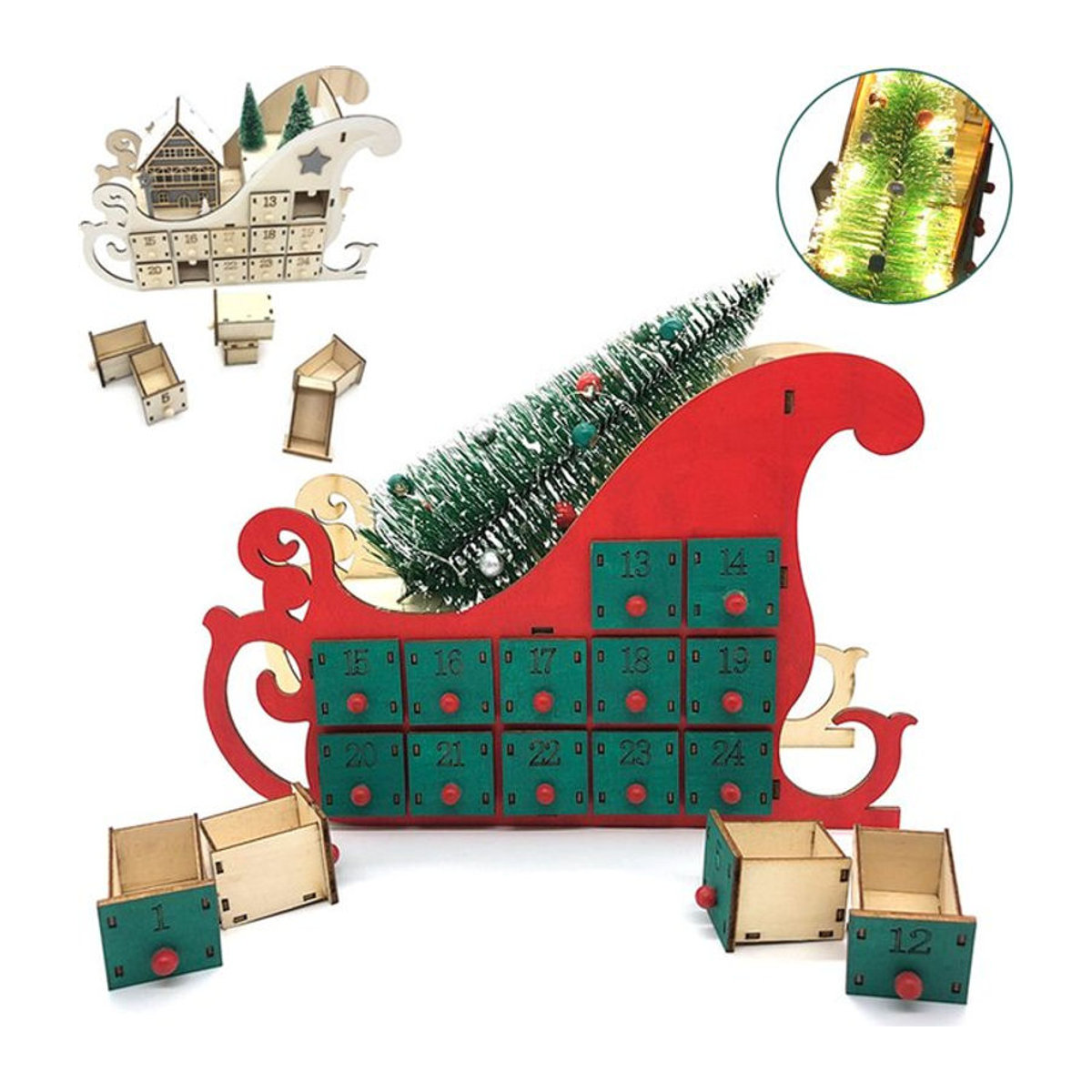 Leuchtender Adventskalender aus Holz mit 24 Schubladen und LED-Licht in Rot für deine Weihnachtsdekoration - Bild 1