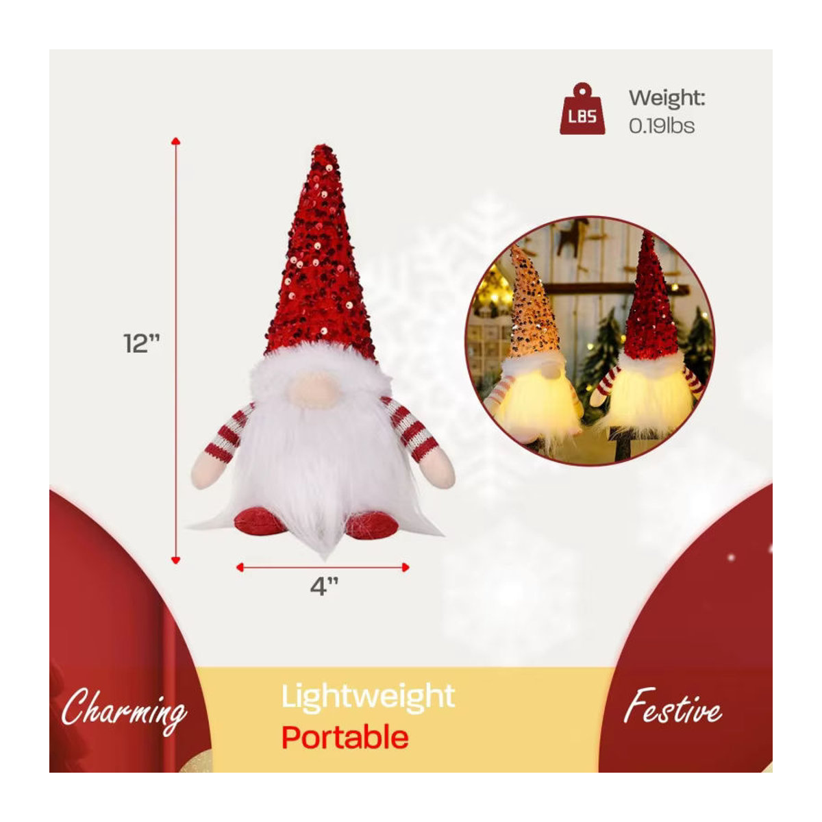 Leuchtender Weihnachtszwerg aus Plüsch als dekorative Tom Figur in Grau und Mehrfarbig - Bild 2