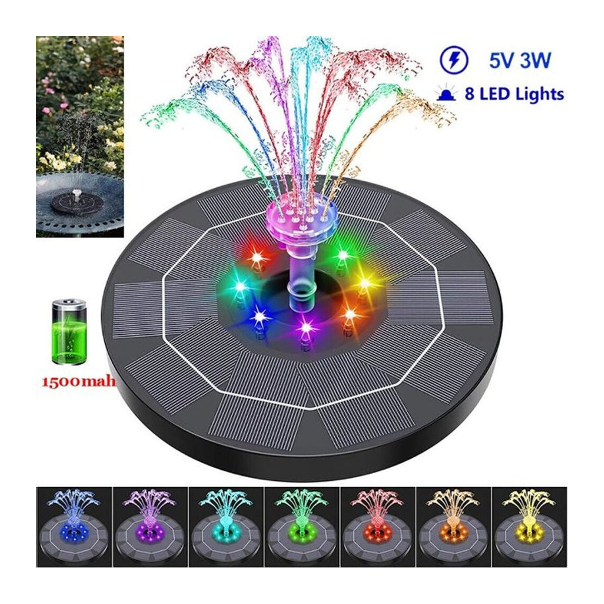 LIAESMART Home Solarbetriebene Springbrunnenpumpe mit 6 Düsen und LED, 3W, 6,3 Zoll, IPX8 wasserdicht, inklusive 1500mAh Akku, bunt - Bild 1