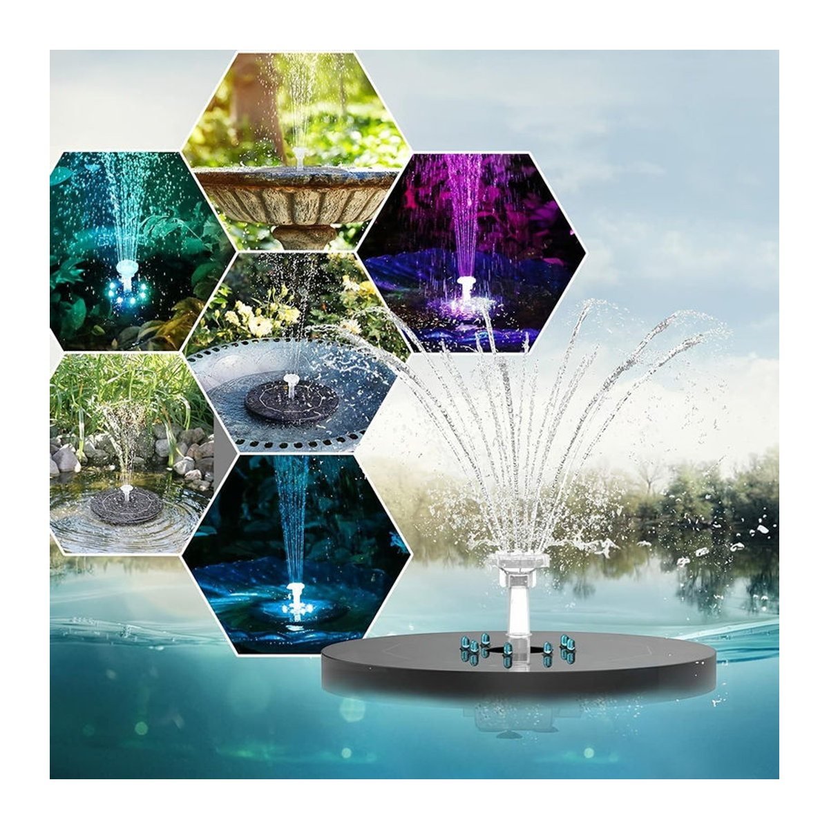 LIAESMART Home Solarbetriebene Springbrunnenpumpe mit 6 Düsen und LED, 3W, 6,3 Zoll, IPX8 wasserdicht, inklusive 1500mAh Akku, bunt - Bild 4