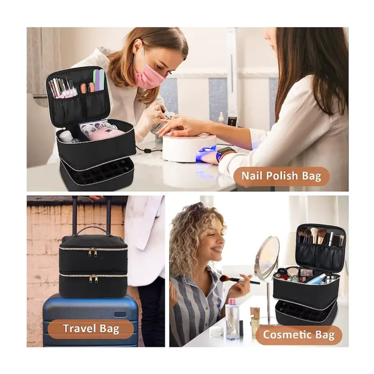 LIJIAO Nagellack-Aufbewahrungstasche und Kosmetik-Organizer in Schwarz mit 30 Fächern und zwei Ebenen im minimalistischen Design - Bild 5