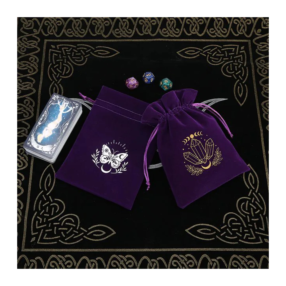 Lila Samtbeutel mit Kordelzug für Tarotkarten und Brettspiele im Bohemian-Stil, B: 13 cm, H: 18 cm - Bild 1