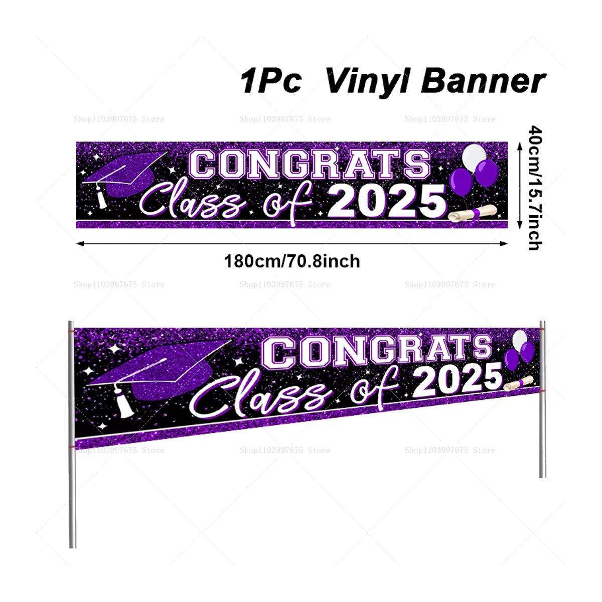 Lila Vinyl-Banner Abschlussfeier 2025 mit Buchstaben und Schnur zum Aufhängen, Rechteckig B: 180 cm, H: 40 cm - Bild 4