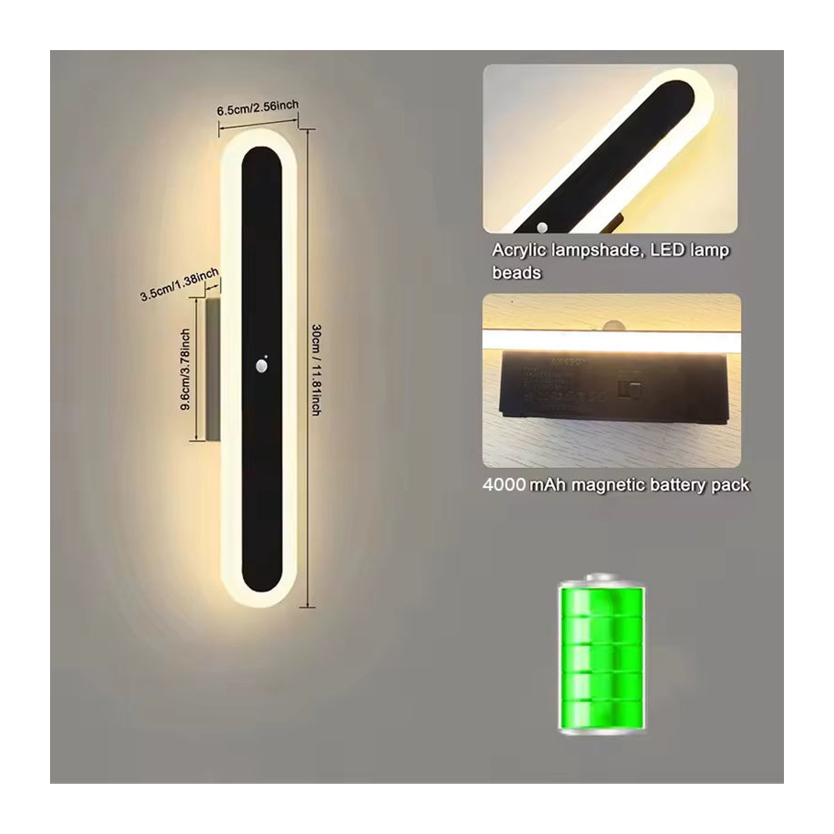 LINCCW LED Wandleuchte mit Bewegungssensor und 4000 mAh Akku, Schwarz, Acryl, Minimalistisches Design - Bild 3