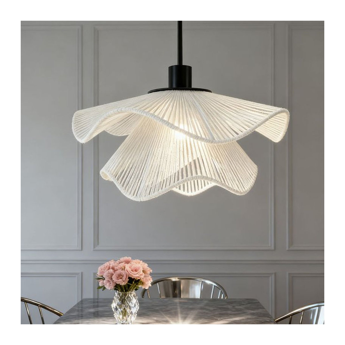 LINCCW Rattan-Blumen-Pendelleuchte in Weiß, LED-Kronleuchter im Bohemian-Stil, höhenverstellbar - Bild 1