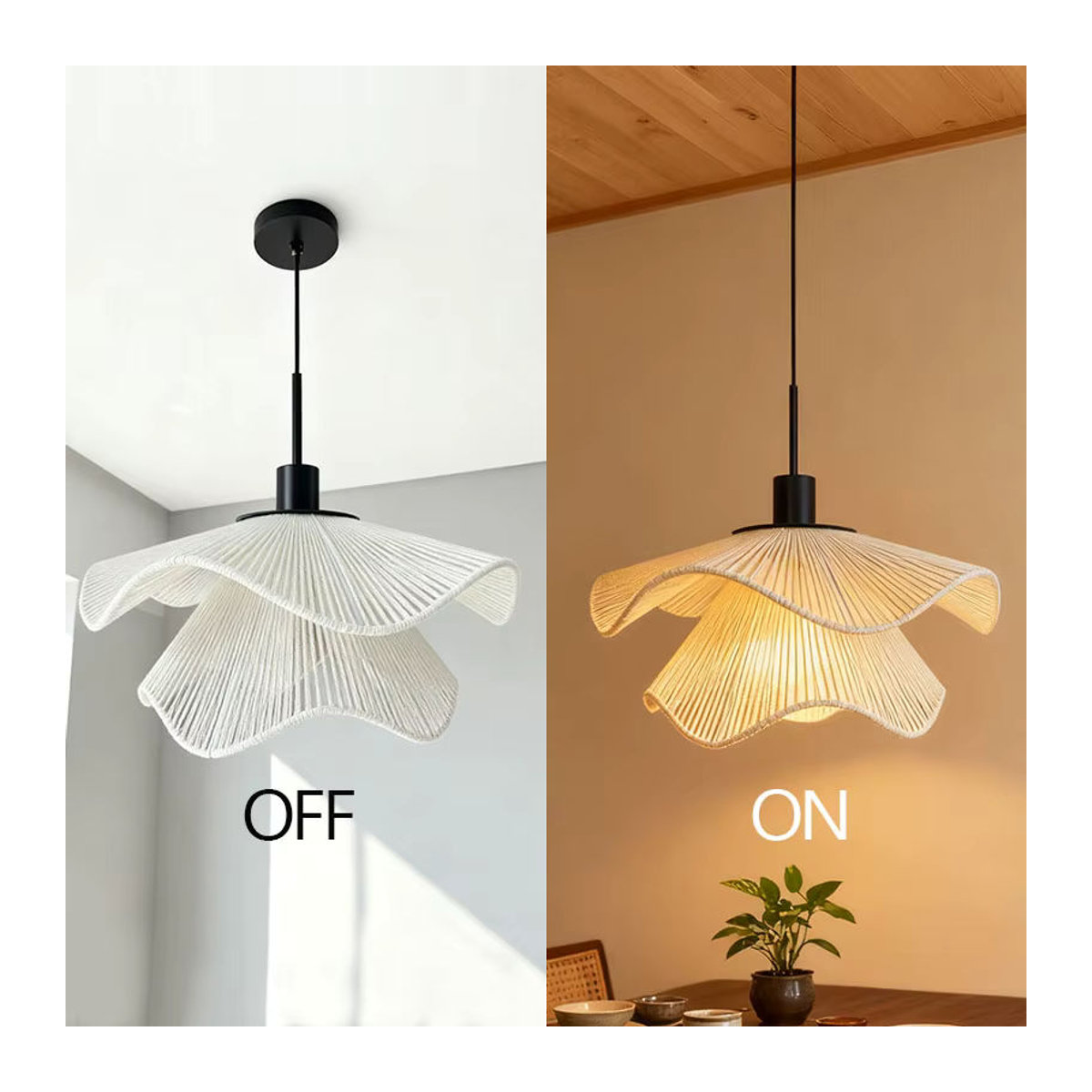 LINCCW Rattan-Blumen-Pendelleuchte in Weiß, LED-Kronleuchter im Bohemian-Stil, höhenverstellbar - Bild 3