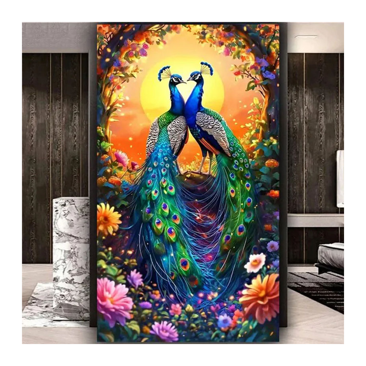 Linxiaofei 5D Diamant-Mosaik-Kunst Set mit Pfauenblumen, rund, mehrfarbig - Bild 1