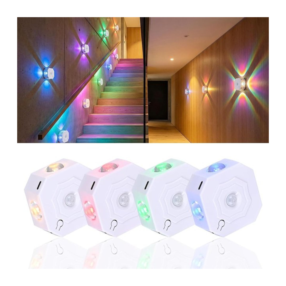 LINYILIGHT LED Bewegungssensor Lampe wiederaufladbare Nachtbeleuchtung mit RGB und 3 Farben für Flur Treppen und Küche in Weiß und Bunt - Bild 1