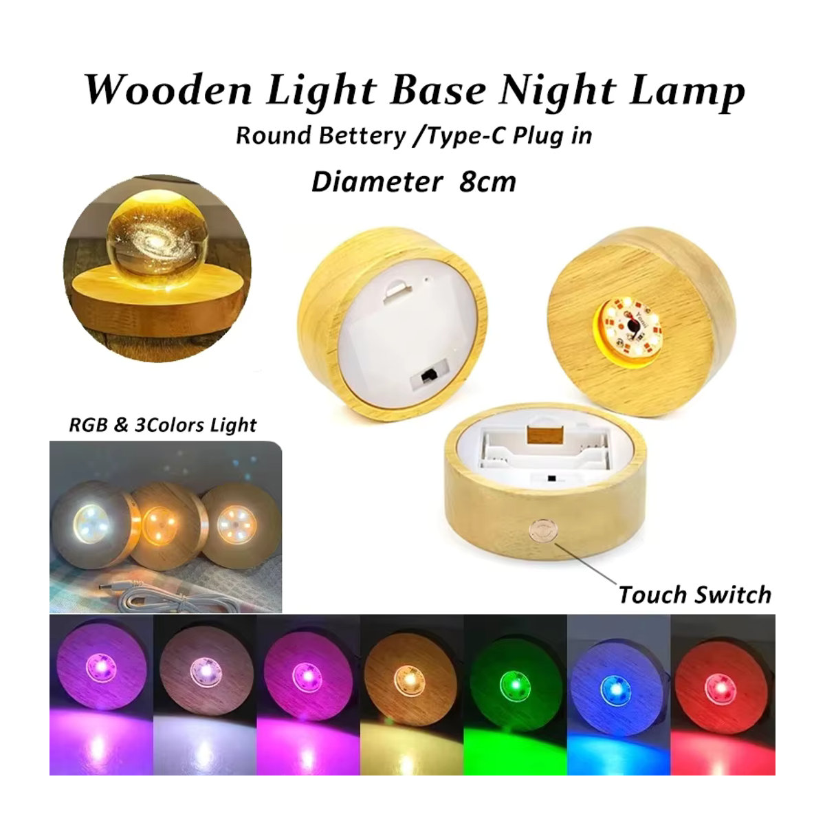 LINYILIGHT LED Nachtlicht aus Massivholz mit RGB und 3 Farben, kabelloses Lichtsockel-Set in Natur und Bunt, Durchmesser: 8 cm - Bild 2