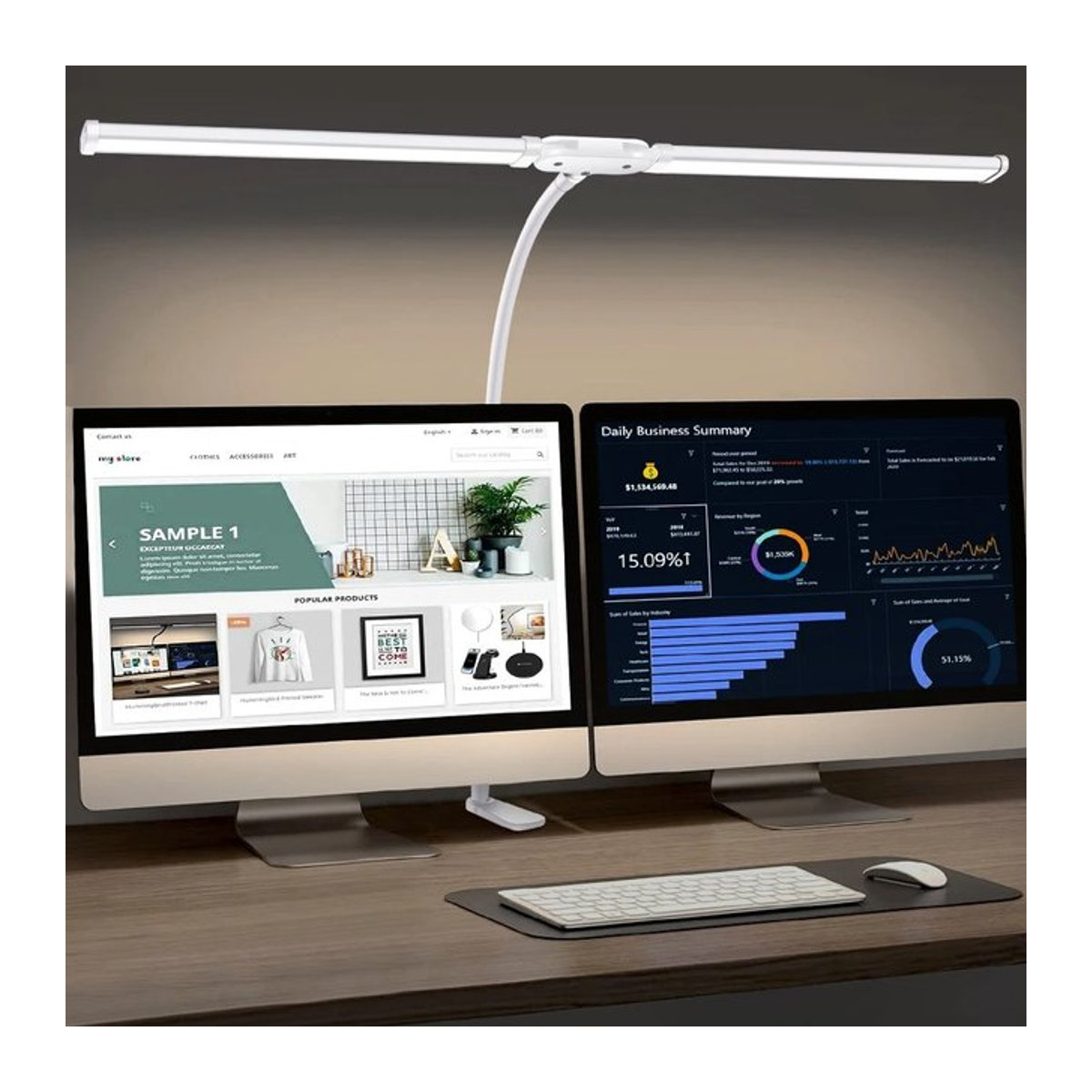 LINYILIGHT LED Schreibtischlampe mit Doppelköpfen in Weiß, dimmbare Monitor-Lichtleuchte mit 5 Farbmodi und Augenschutz für deinen Schreibtisch - Bild 1