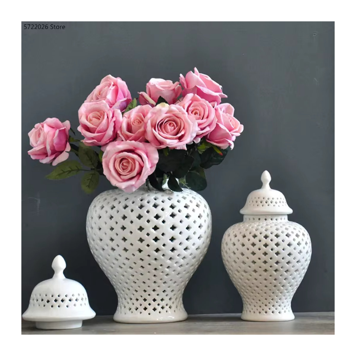 LISM Moderne Keramikvase Weiß mit Glasornamenten und geometrischem Design für Schnittblumen - Bild 3