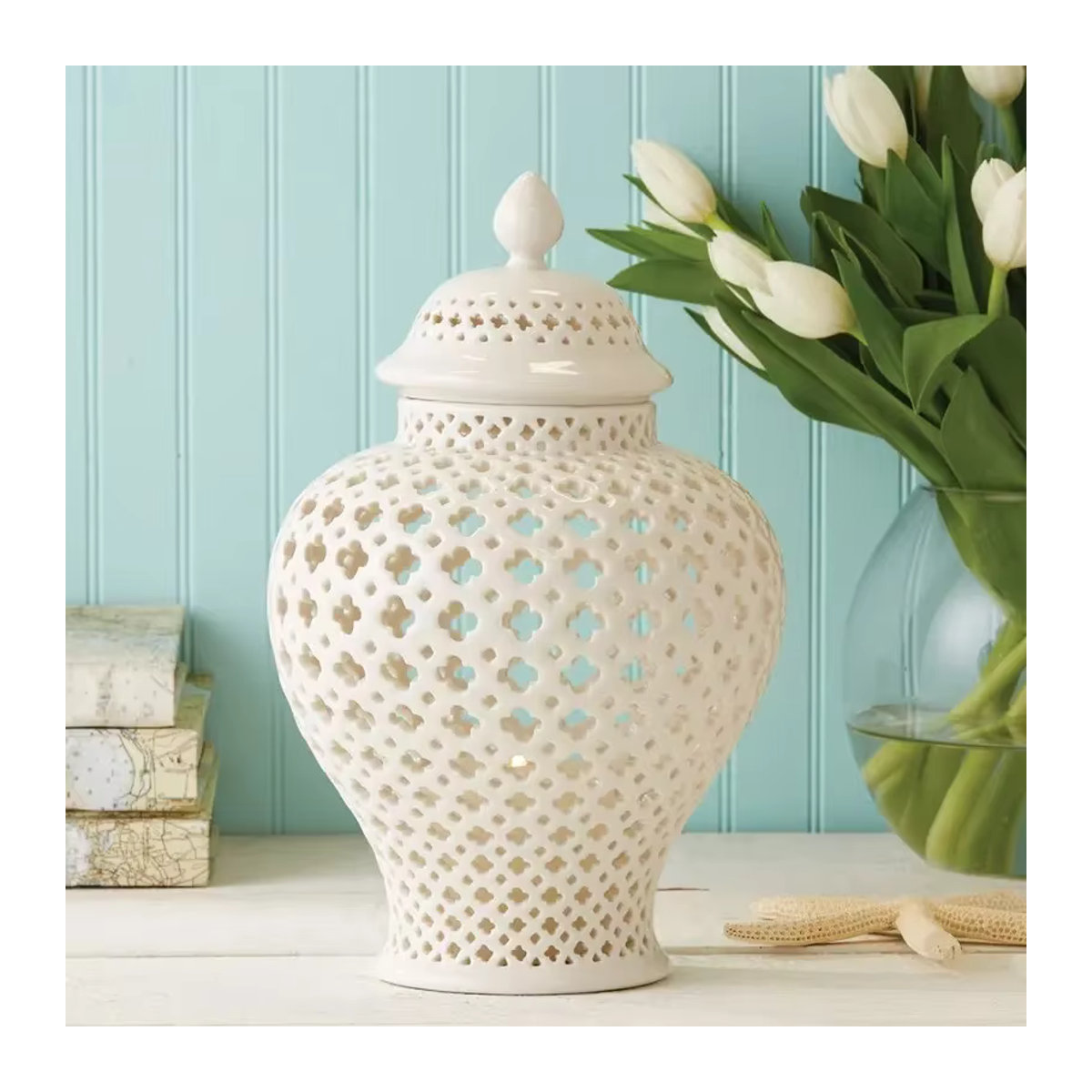 LISM Moderne Keramikvase Weiß mit Glasornamenten und geometrischem Design für Schnittblumen - Bild 4