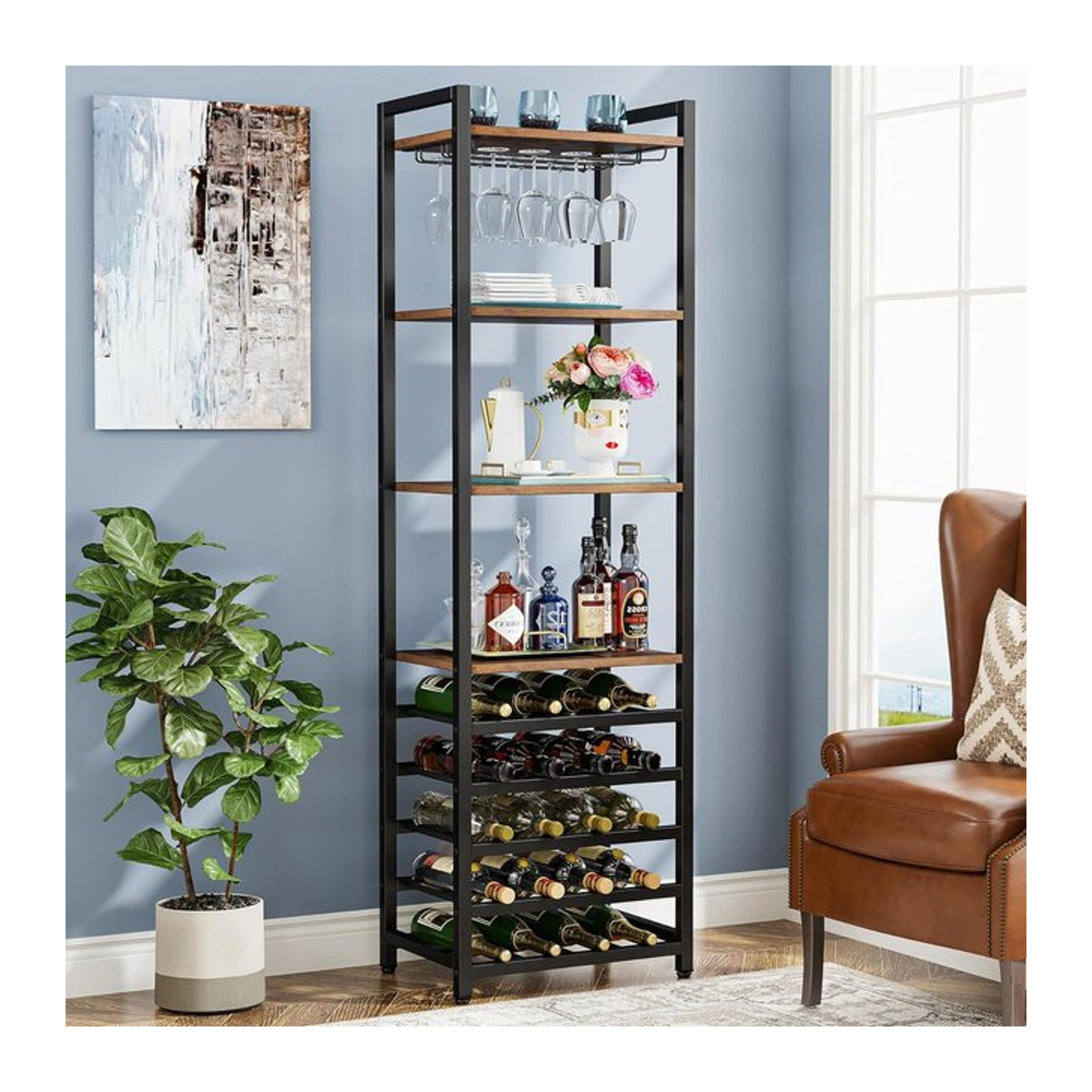 LITTLE TREE 9-stufiges freistehendes Weinregal im Industrial Design aus Metall mit Glashalter, Weinbarschrank in Braun oder Schwarz - Bild 1