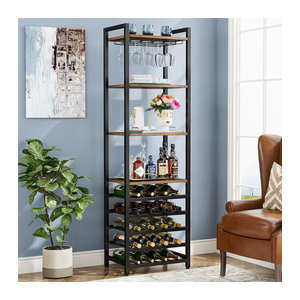 LITTLE TREE 9-stufiges freistehendes Weinregal im Industrial Design aus Metall mit Glashalter, Weinbarschrank in Braun oder Schwarz