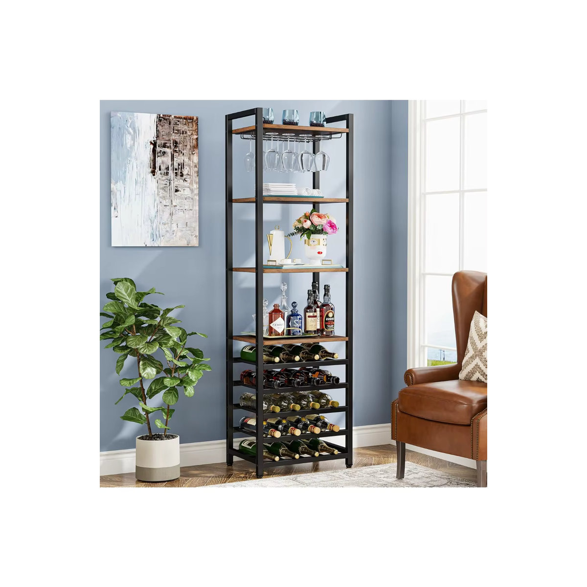 LITTLE TREE 9-stufiges freistehendes Weinregal im Industrial Design aus Metall mit Glashalter, Weinbarschrank in Braun oder Schwarz - Bild 6