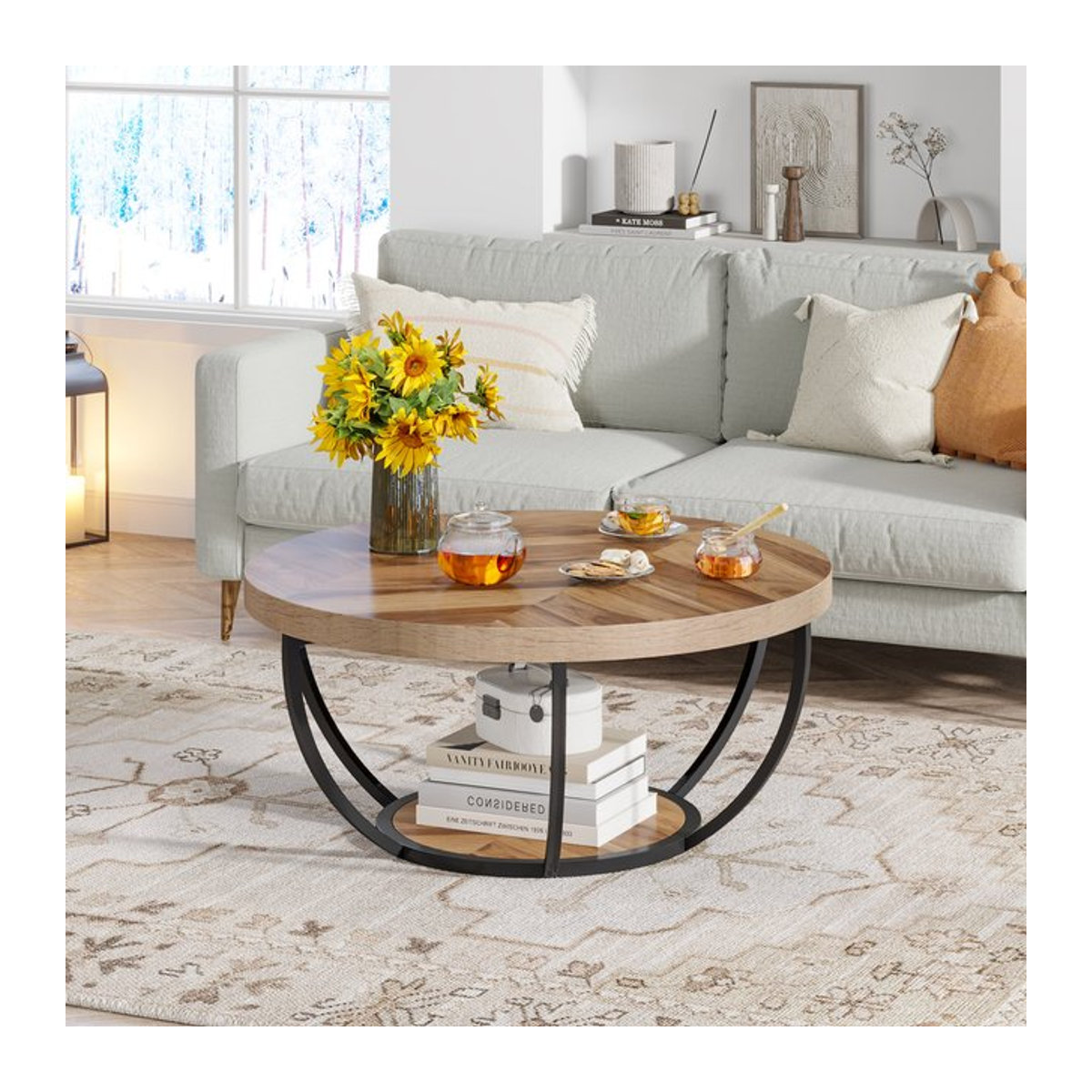 LITTLE TREE runder Couchtisch im Industrial Design aus Holz und Metall, braun, Durchmesser: 80 cm - Bild 1