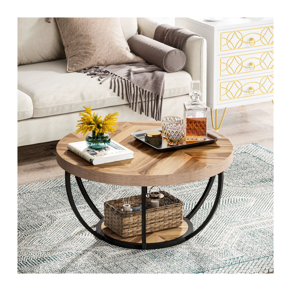 LITTLE TREE runder Couchtisch im Industrial Design aus Holz und Metall, braun, Durchmesser: 80 cm - Bild 4