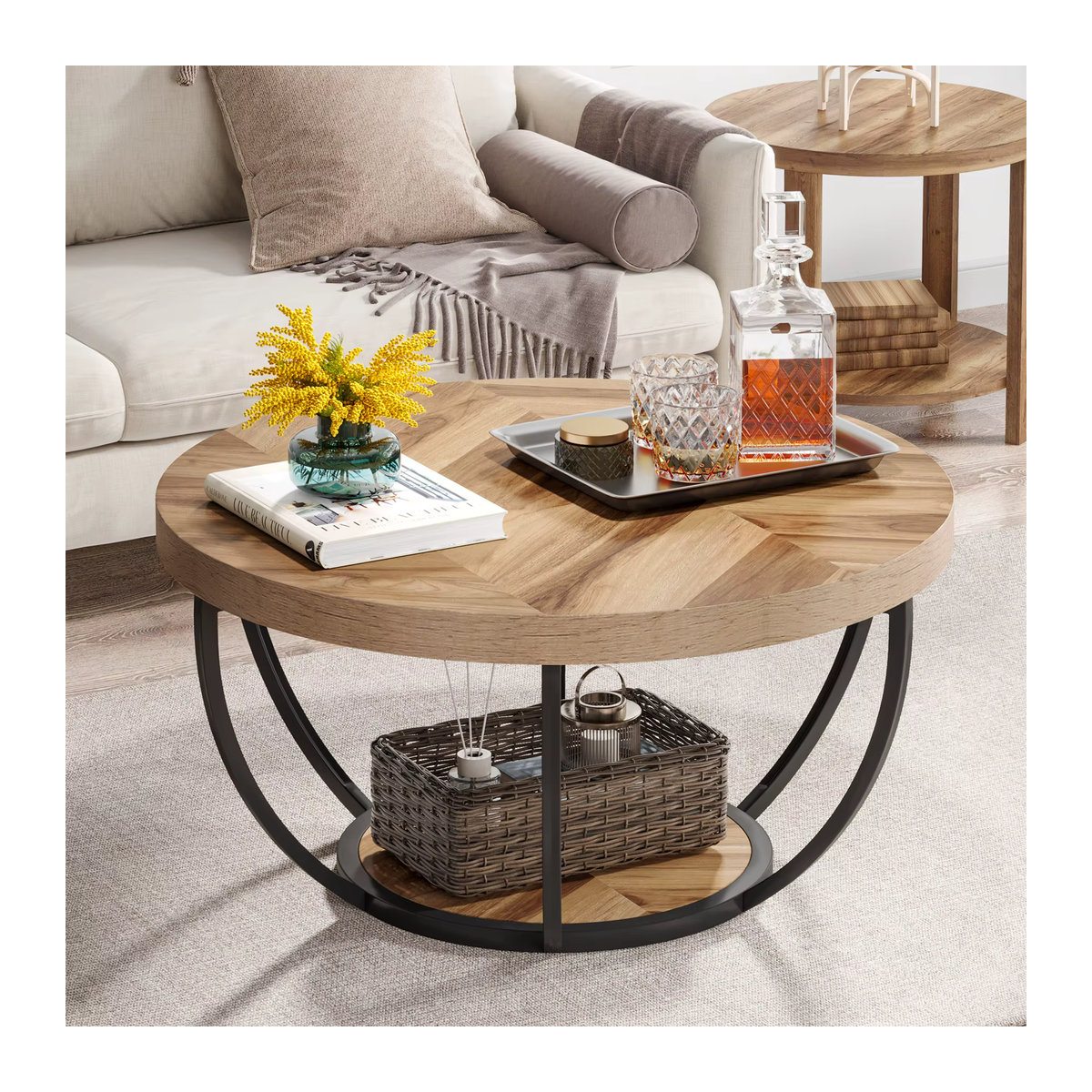LITTLE TREE runder Couchtisch im Industrial Design aus Holz und Metall, braun, Durchmesser: 80 cm - Bild 5