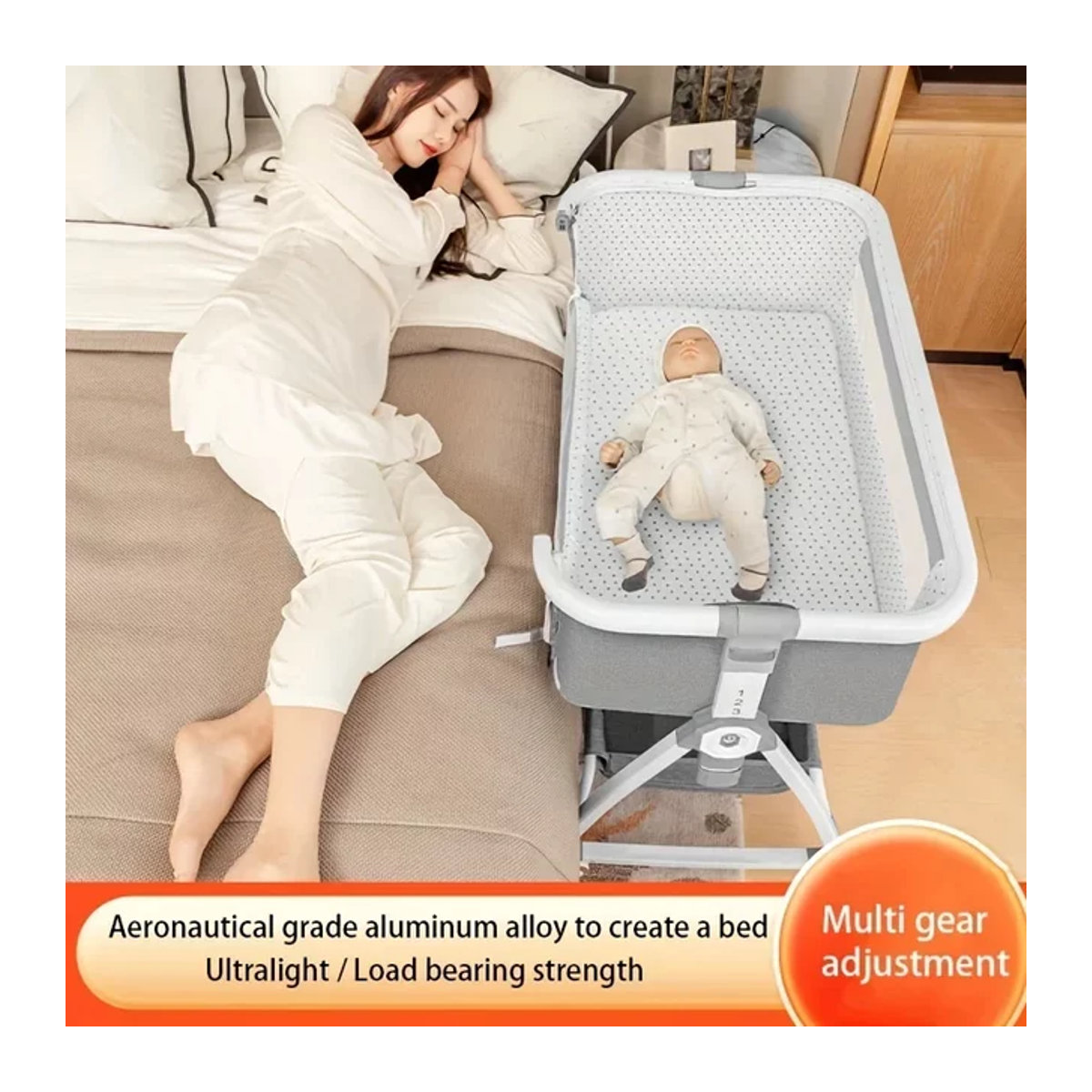 LIUSHADUOLA Babybett in Grau: Tragbares, faltbares und höhenverstellbares Wiegebett mit Schaukelfunktion aus Aluminium und Metall - Bild 1