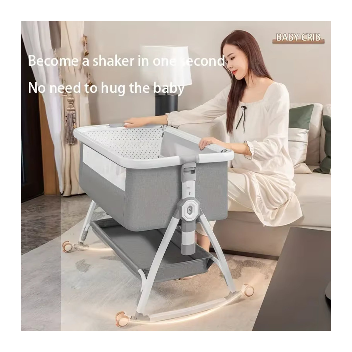 LIUSHADUOLA Babybett in Grau: Tragbares, faltbares und höhenverstellbares Wiegebett mit Schaukelfunktion aus Aluminium und Metall - Bild 2