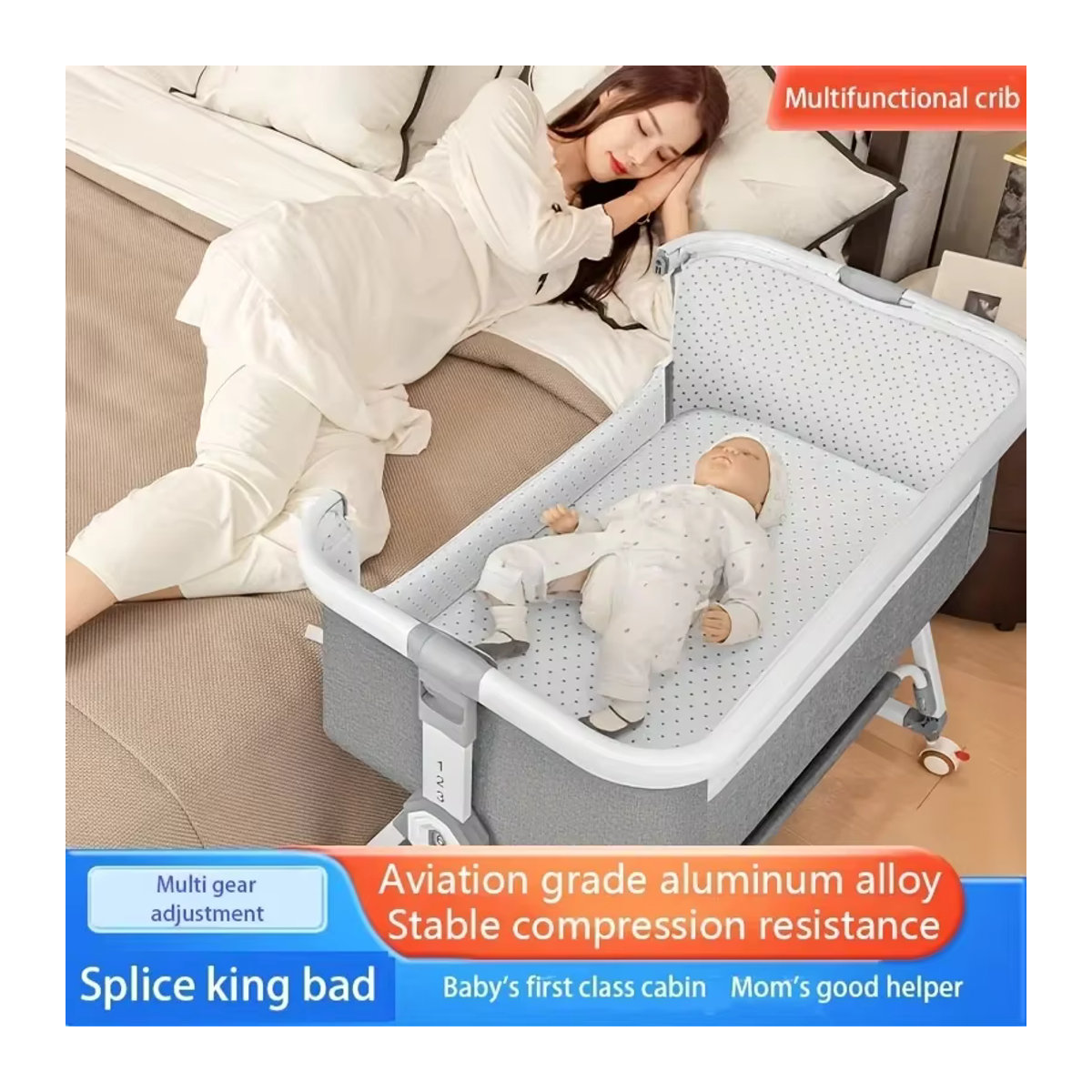 LIUSHADUOLA Babybett in Grau: Tragbares, faltbares und höhenverstellbares Wiegebett mit Schaukelfunktion aus Aluminium und Metall - Bild 3